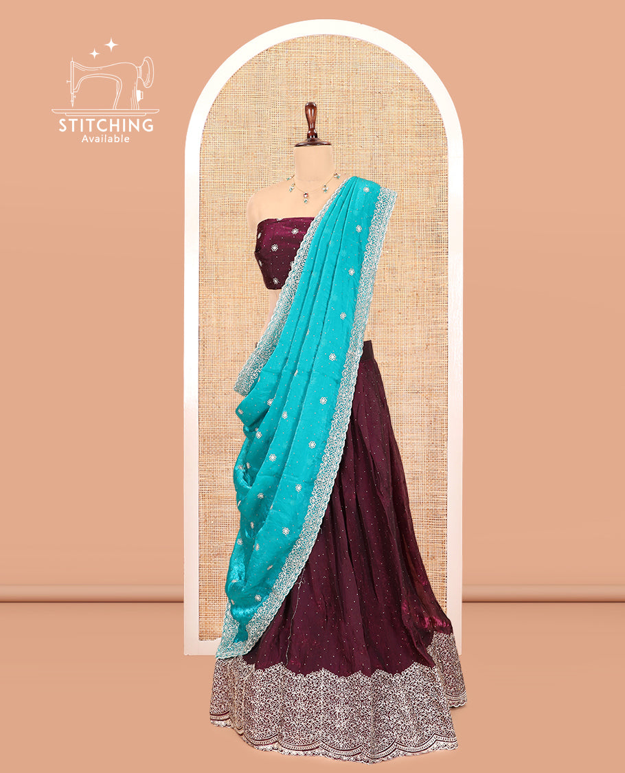 Wine Velvet Organza Half-Saree with Glitter Work Skirt, Embroidered Border, a Matching Blouse, and Contrast Embroidered Dhavani