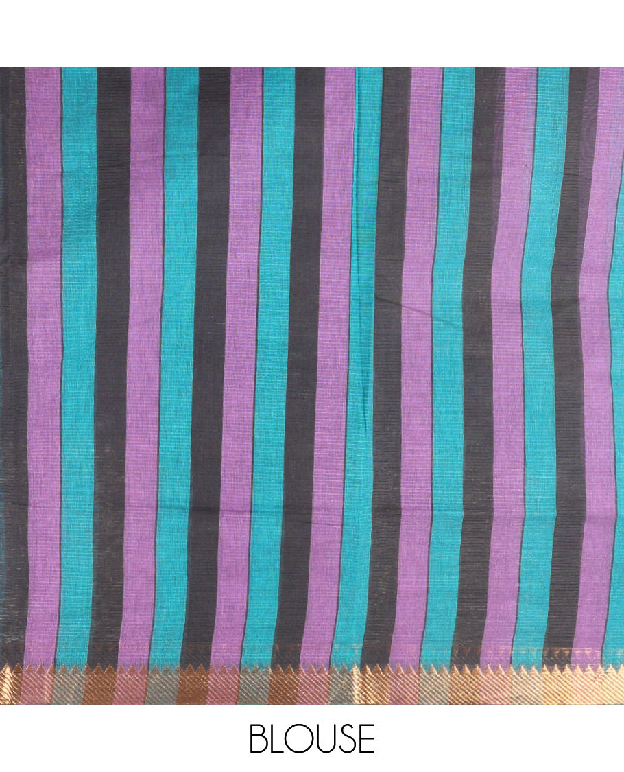 Black Andhra Cotton Saree, Boldly Accentuated with Pichwai Cow Buttas, Highlighted by a Zari Temple Border, Striped Pallu, and a Contrast Blouse