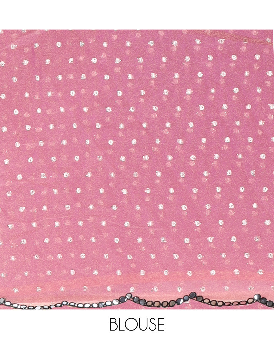 Onion Pink Shimmer Chiffon Saree, Steeped with Buttas, a Scallop Mirror Work Border, and a Matching Blouse