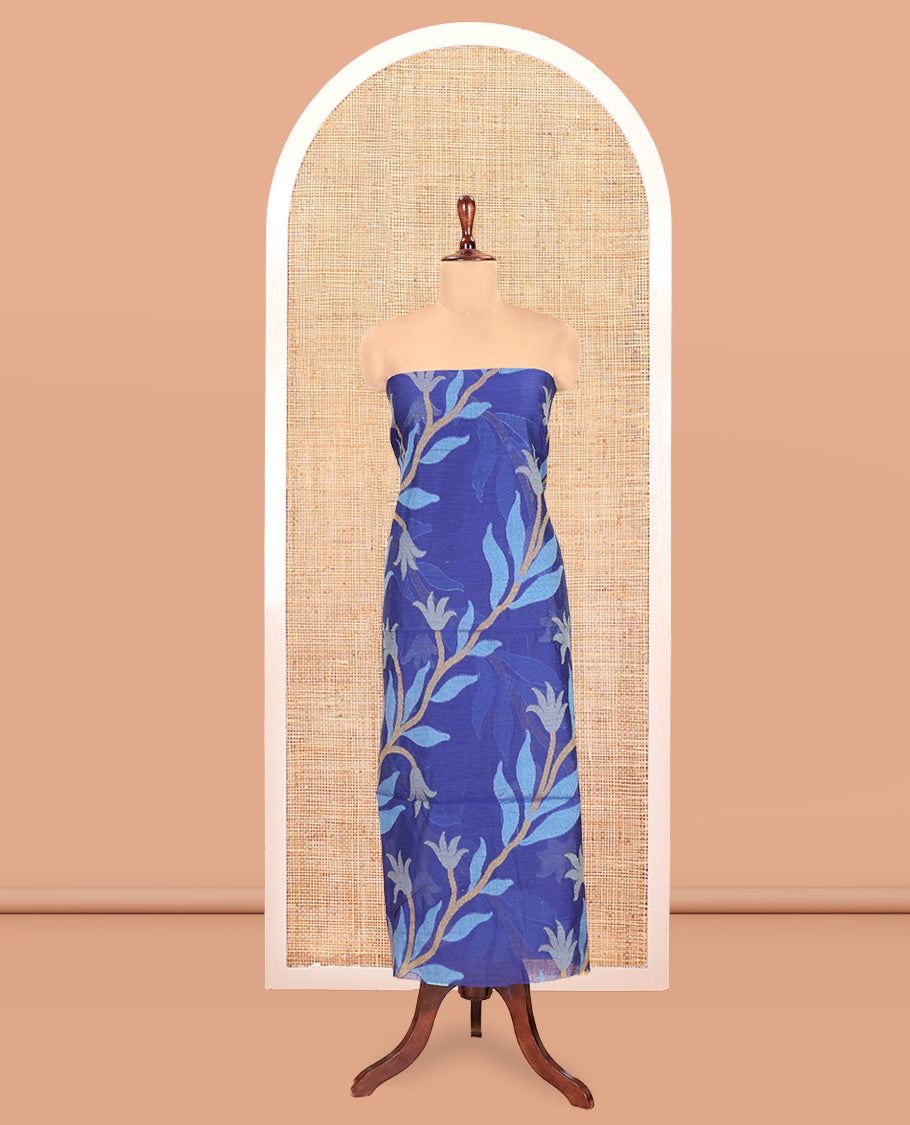 Royal Blue Chanderi Silk Material Chudidar Features Jamdani Floral Top, Contrast Bottom and Dupatta