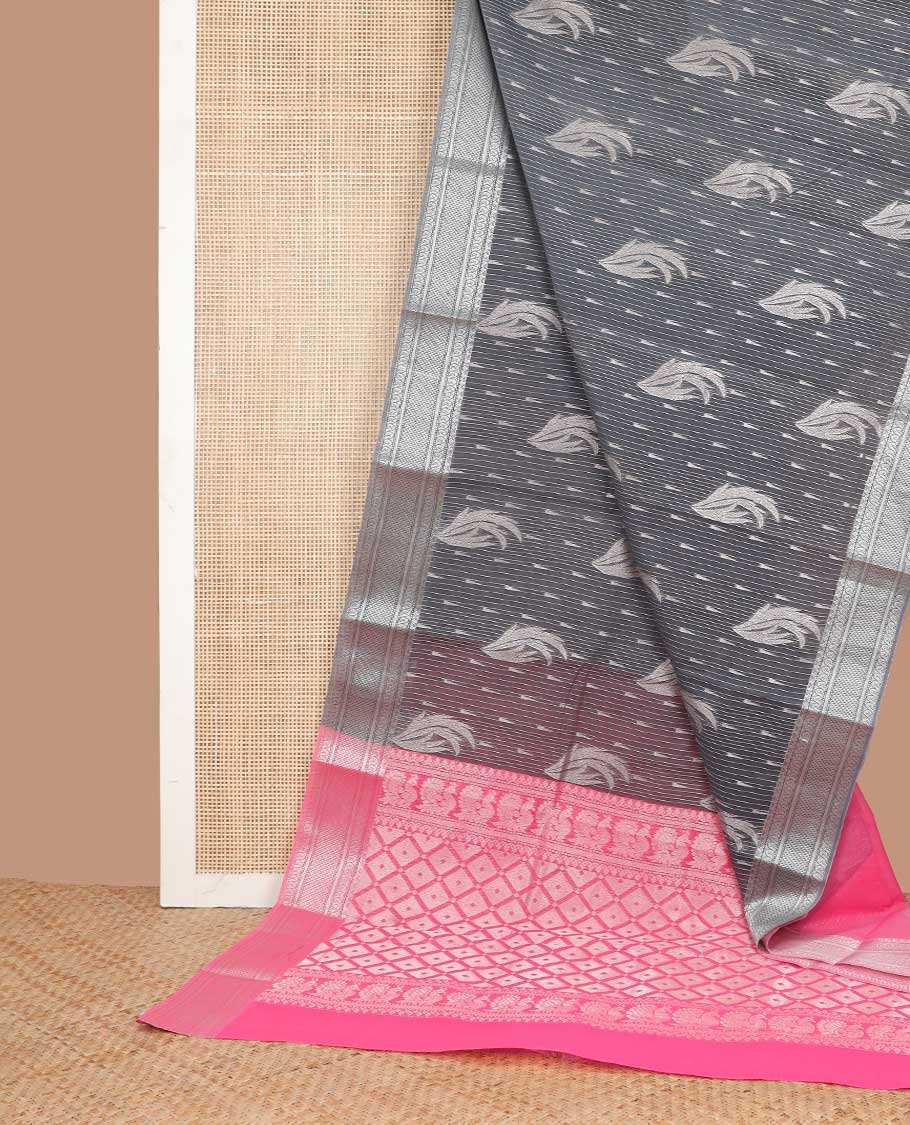 Black striped, floral design semi silk saree with self zari design border & argyle design pallu