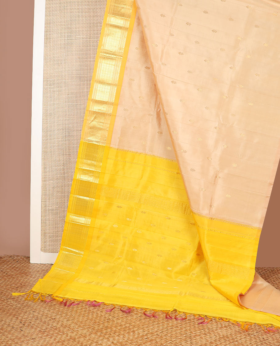 Sandal zari buttas Kanchipuram silk saree, contrast one-sided border of paneer sombu,banaras,muthu & jaal design & zari design pallu