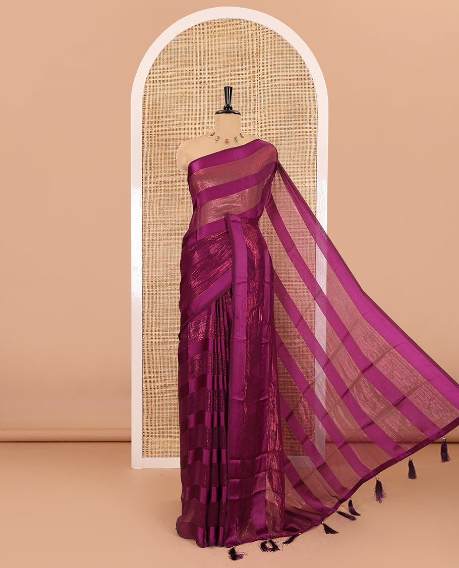 Borderless purple horizontal satin thick striped shimmer georgette saree with a matching plain blouse