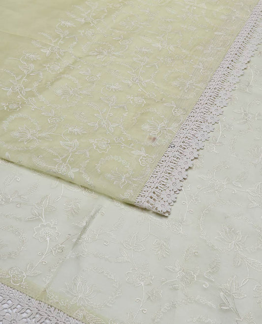 Lemon yellow floral design organza saree with lace border