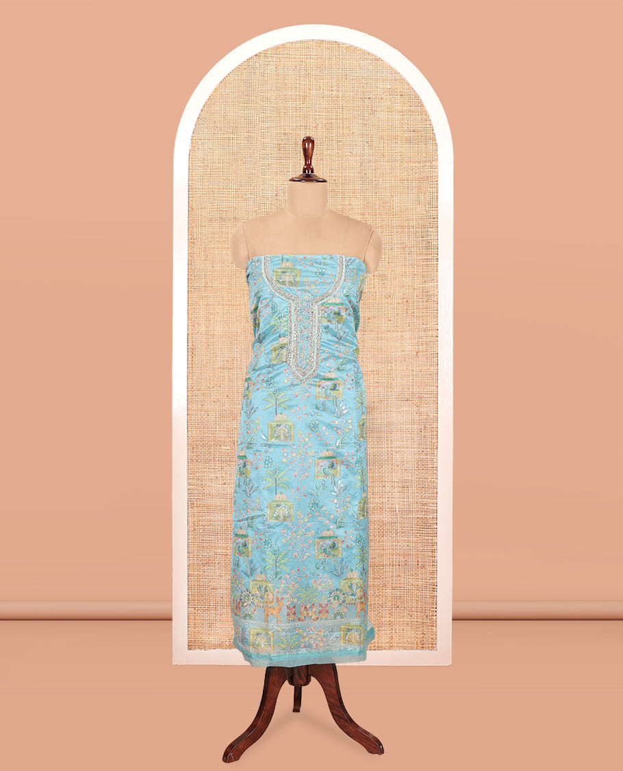 Sea Blue Organza Material Churidar, Intricately Printed Outlined Embroidery Top, a Matching Bottom, and a Floral Embroidered Dupatta