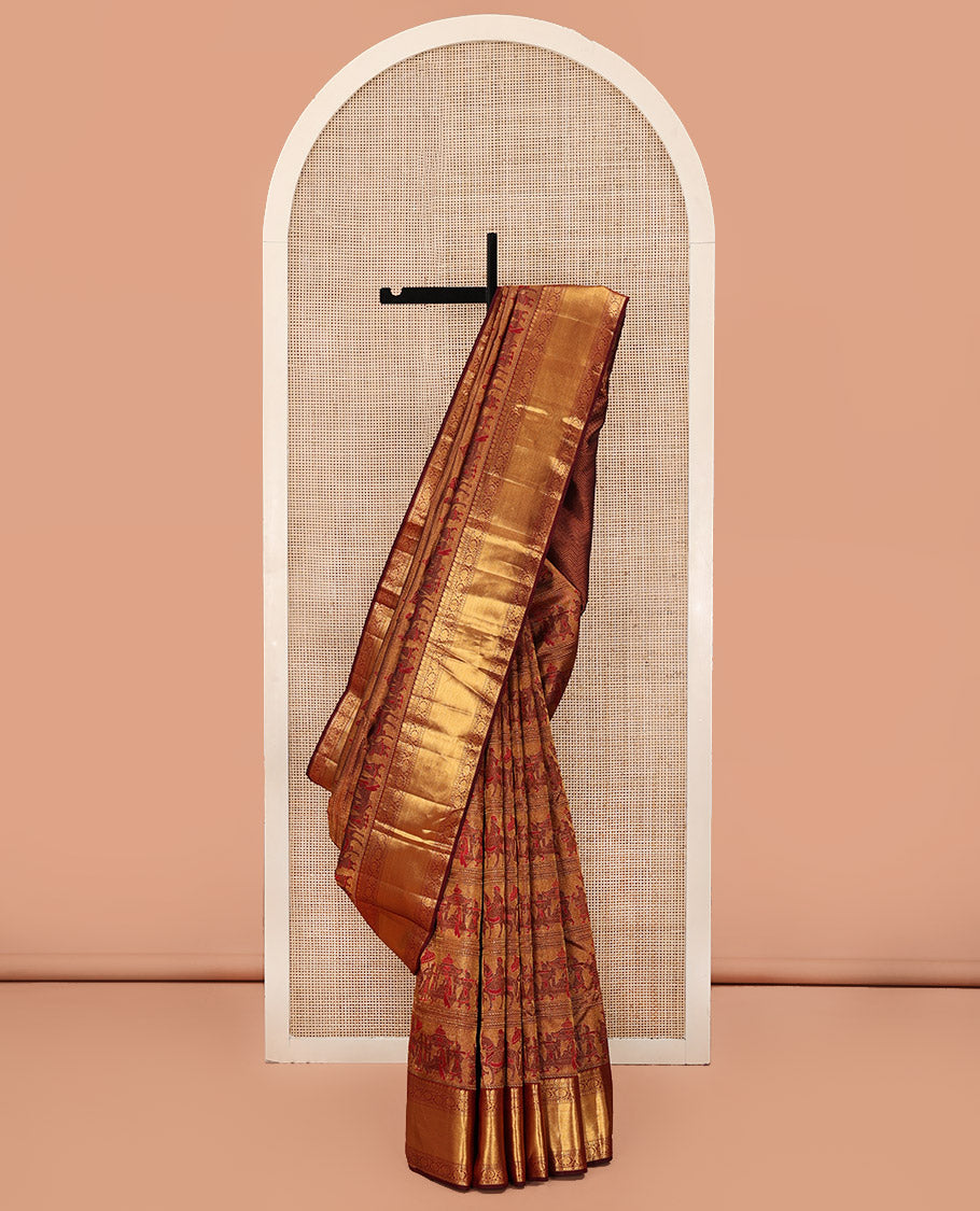Maroon Kanchipuram Wedding Silk Saree, Gracefully Embellished with King and Queen Wedding Theme Jacquard Weave, Highlighted by Zari Border of Manga Mokku, and Kodi Visiry Designs, Chevron Striped Pallu and Paired with a Matching Blouse