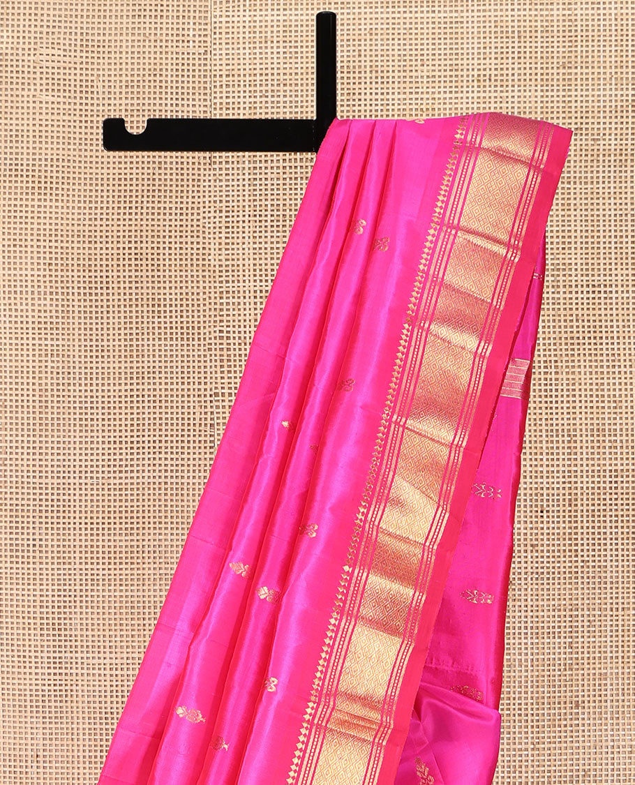 Pink Kanchipuram Silk Saree, Graced with Zari Buttas, Highlighted by a One-Sided Border of Panner Sombu, Banaras, Muthu, and Jaal Designs, Grand Pallu, and No Blouse