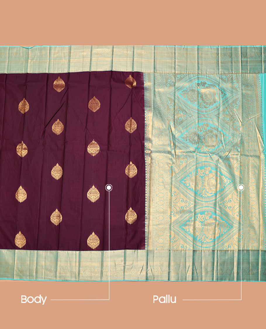 Wine Budget Silk Saree, Embellished with Zari Buttas, Complemented by a Contrast Traditional Zari Border, Intricate Pallu, and a Contrast Blouse