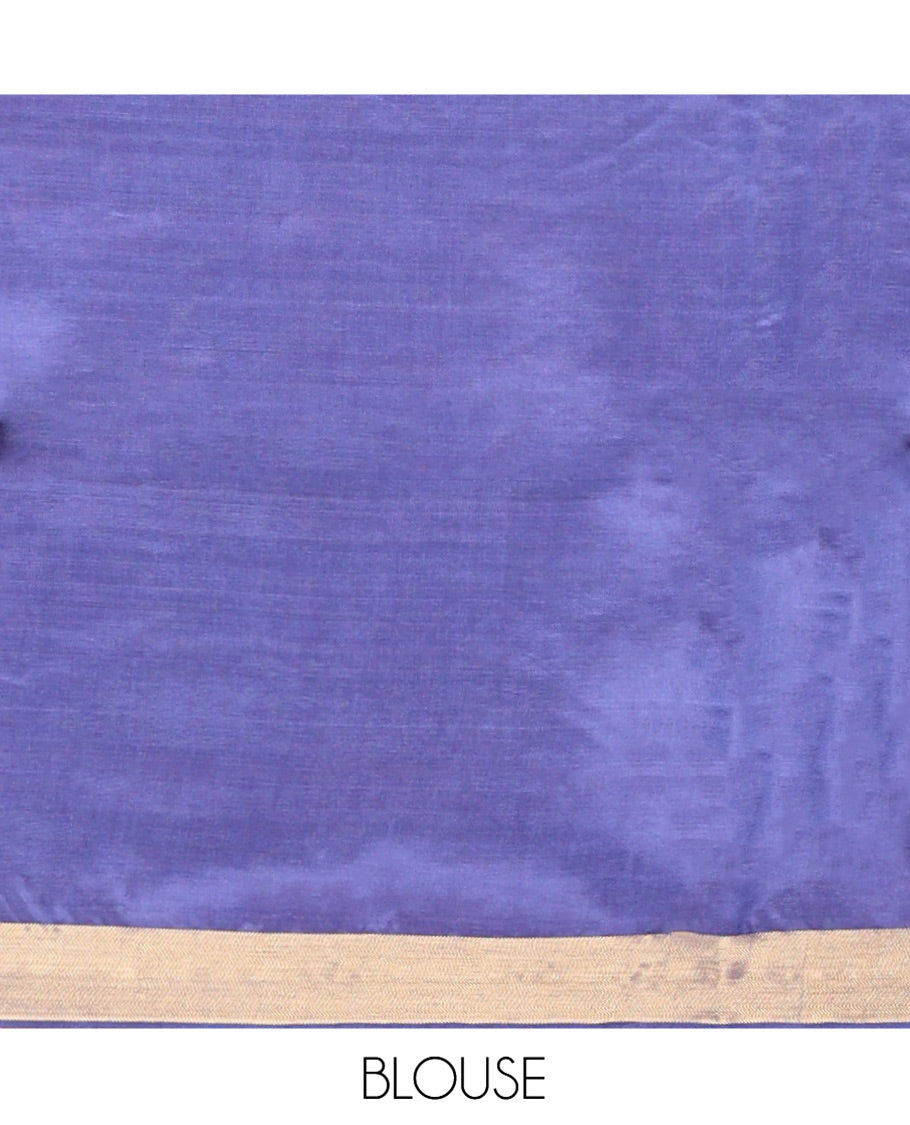 Blue Banana Pith Saree, Subtly Adorned with Buttas All Over Its Body, Highlighted by a Zari Bavanji Border, Gleaming Zari Striped Pallu, and Paired with a Matching Blouse