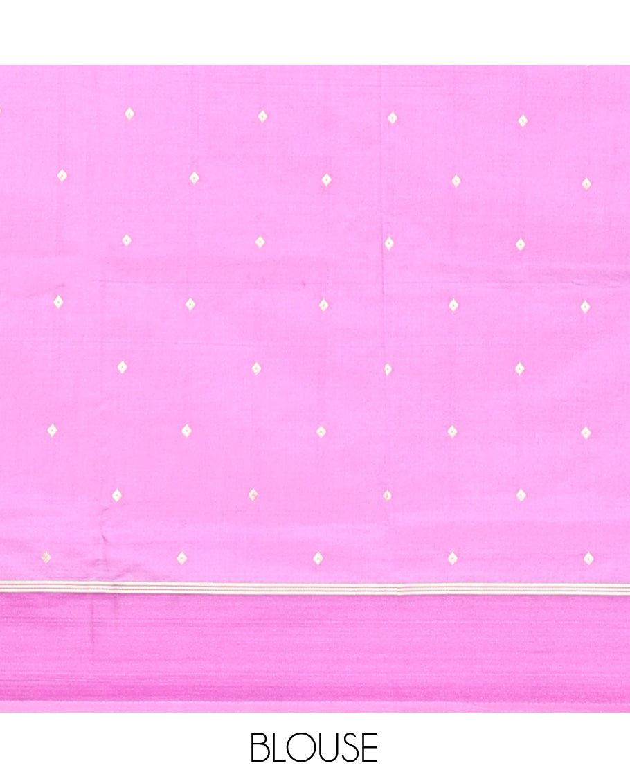 Pink Satin Silk Saree, Adorned with Buttas and Stripes, Complemented by a Contrast Elephant Motif Border, Grand Jaal Pallu, and a Contrast Blouse