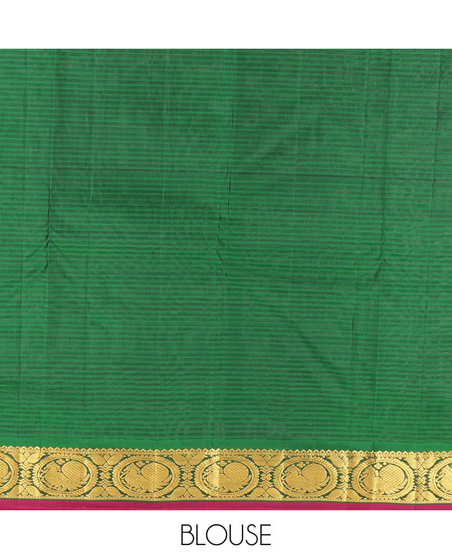 Maroon Kanchipuram Silk Saree, Elevated with Vazhaipoo Stipes and Zari Buttas, a Contrast Traditional Mayil Motif Border, Pallu of Zari Design, and Contrast Blouse