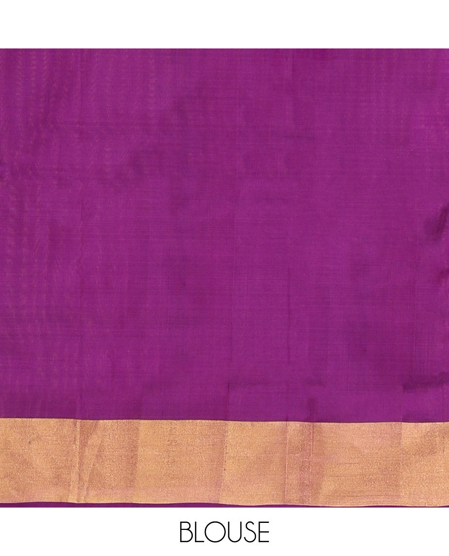 Pink Uppada Silk Saree Spotlighted with Paisley Buttas All Over Its Body, Complemented by Contrast Border of Temple and Chariot Designs, Grandly Woven Pallu of Temple Floral Vine Designs, and Paired with a Contrast Blouse