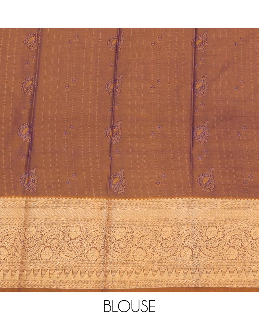 Navy Blue Art Silk Pavadai Material Set, Bedecked with Zari Buttas Skirt, Complemented by a Contrast Traditional Zari Design Border, and Paired with a Contrast Blouse