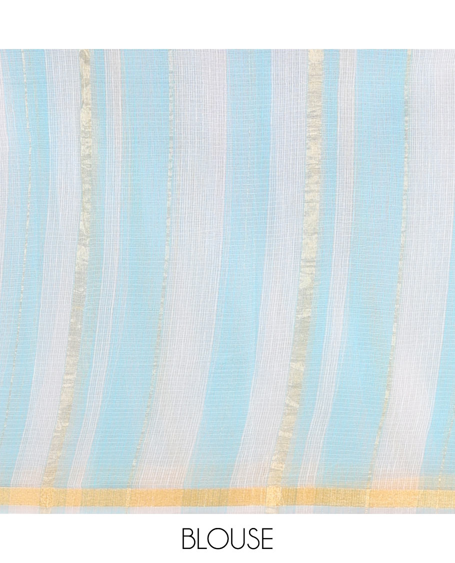 White and Blue Kota Cotton Saree, Adorned with Stripes and Floral Motifs Thread Embroidery on Its Body, Piping Border, Pallu Features Floral Embroidery, and Paired with a Matching Blouse