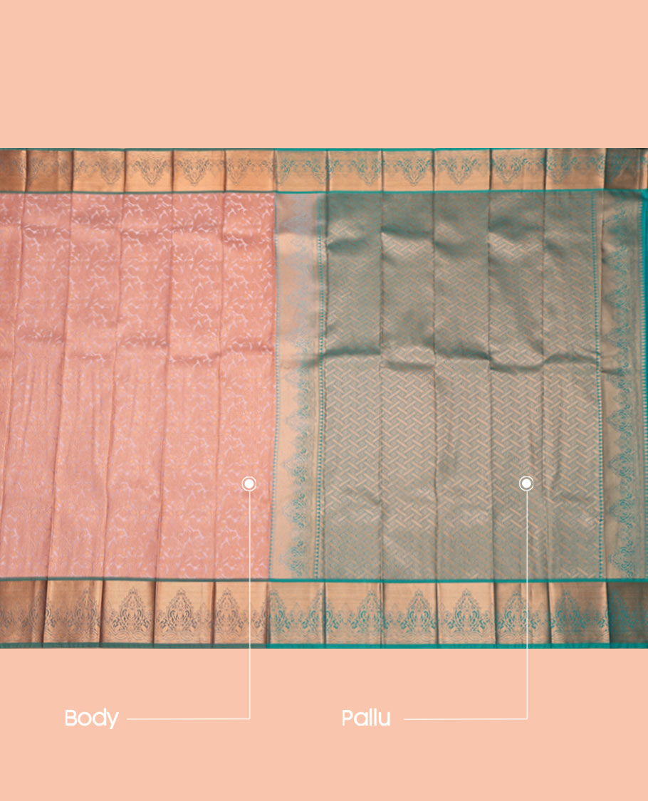 Peach Budget Silk Saree, Delicately Woven with a Jacquard Design, Complemented by a Contrast Floral Creeper Zari Border, Grand Pallu, and Contrast Blouse