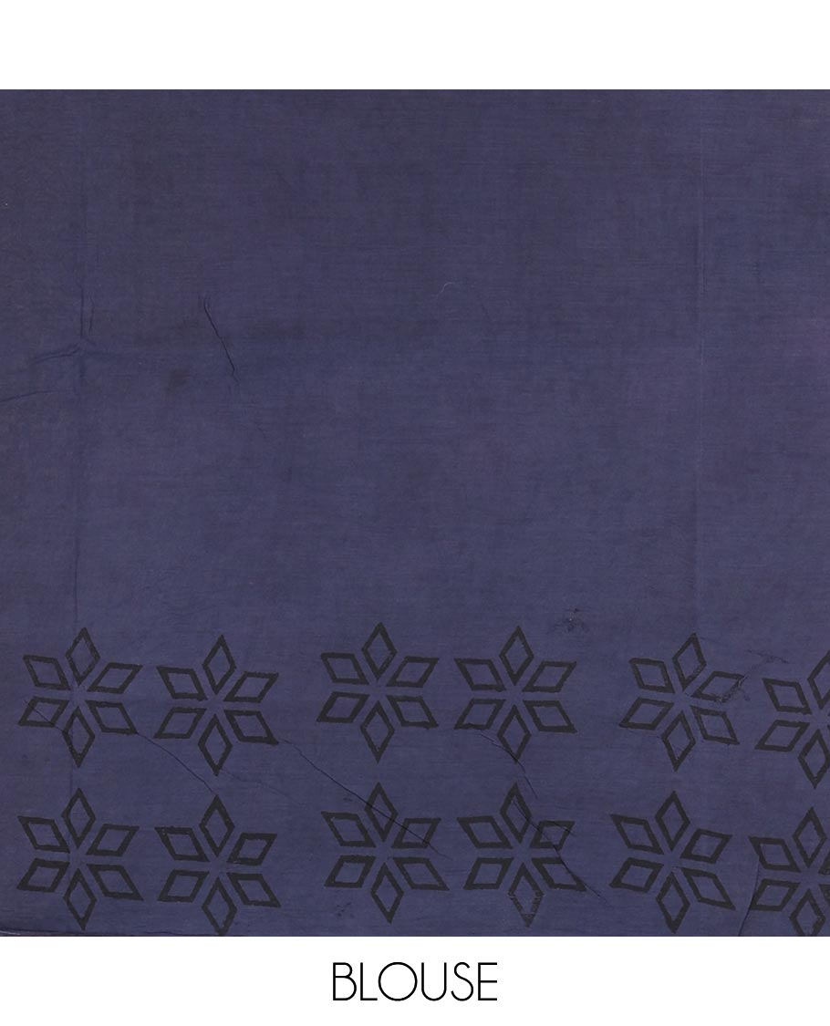 Pink sunbrust motifs block printed mul cotton saree, contrast floral motifs block printed border, block printed pallu, and contrast plain blouse