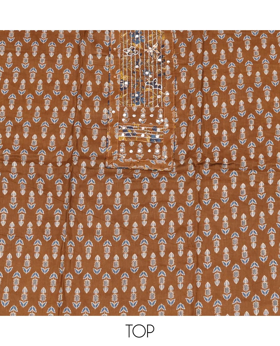 Brown Material Chudidar Set, Embellished with Floral Block Print and Neck Work Cotton Top, a Floral Printed Cotton Bottom, and Paired with Floral Printed Dupatta