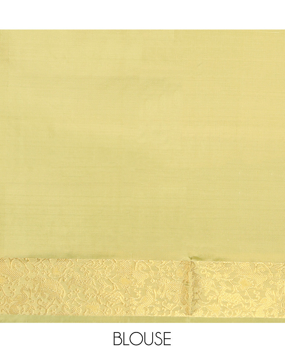 Peach Banana Pith Saree, Woven with Buttas, a Contrast Floral-Animal Zari Border, Pallu of Stripes and Buttas, and a Contrast Blouse