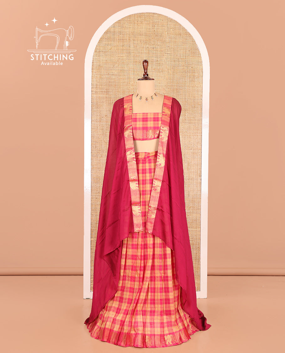 Chikku-Rani Pink Chettinad Cotton Half Saree Features Checked Skirt, a Traditional Zari Border, a Matching Blouse, and a Contrast Dhavani