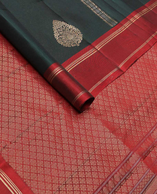 Green zari buttas silk mix saree, contrast rettai pettu zari striped border & pallu of jaal designs