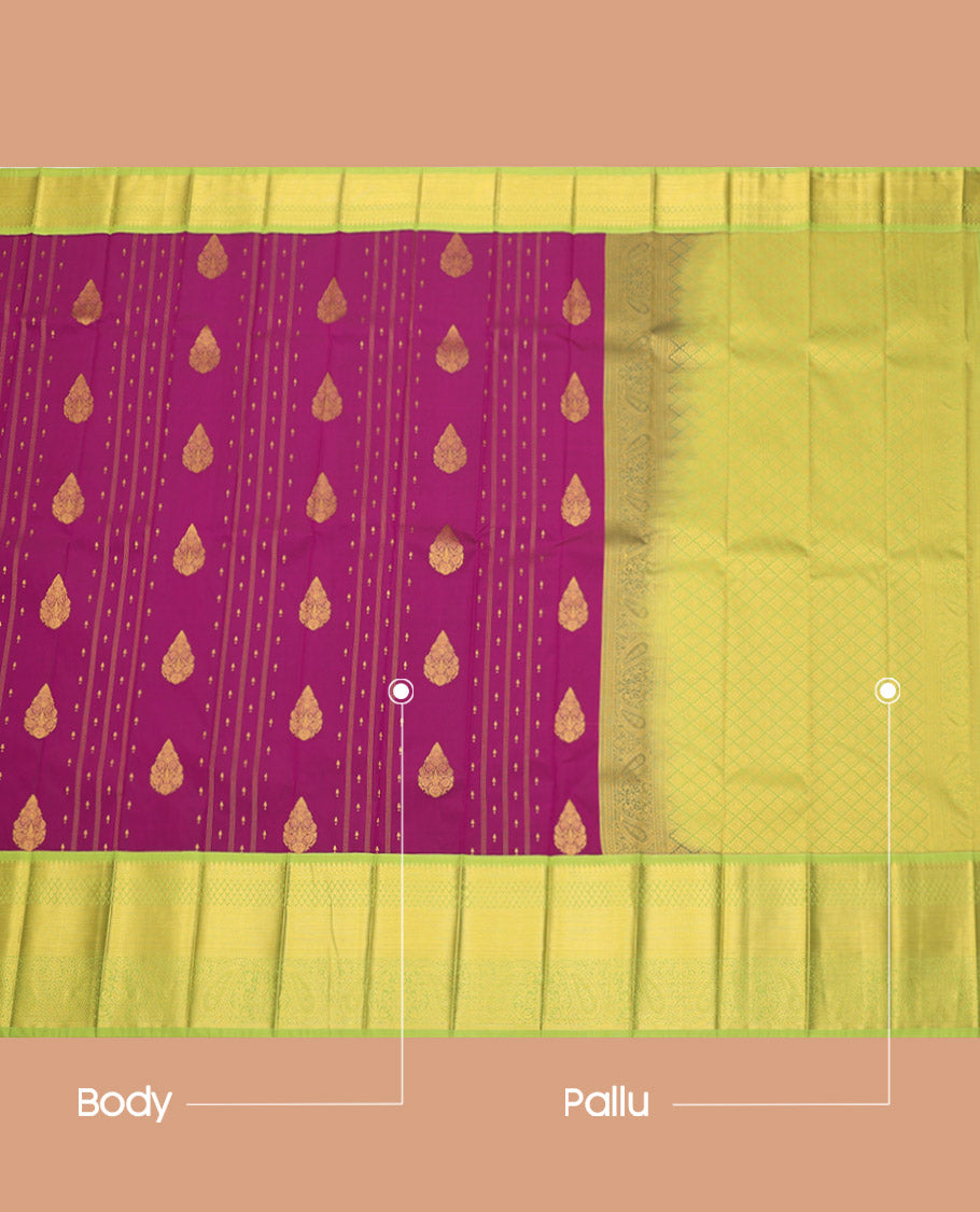 Purple Budget Silk Saree, Detailed with Zari Buttas and Stripes, Complemented by a Contrast Traditional Zari Border, Jaal Pallu, and a Contrast Blouse
