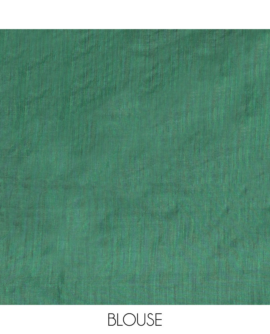 Borderless Peacock Green Plain Design Khadi Cotton Saree