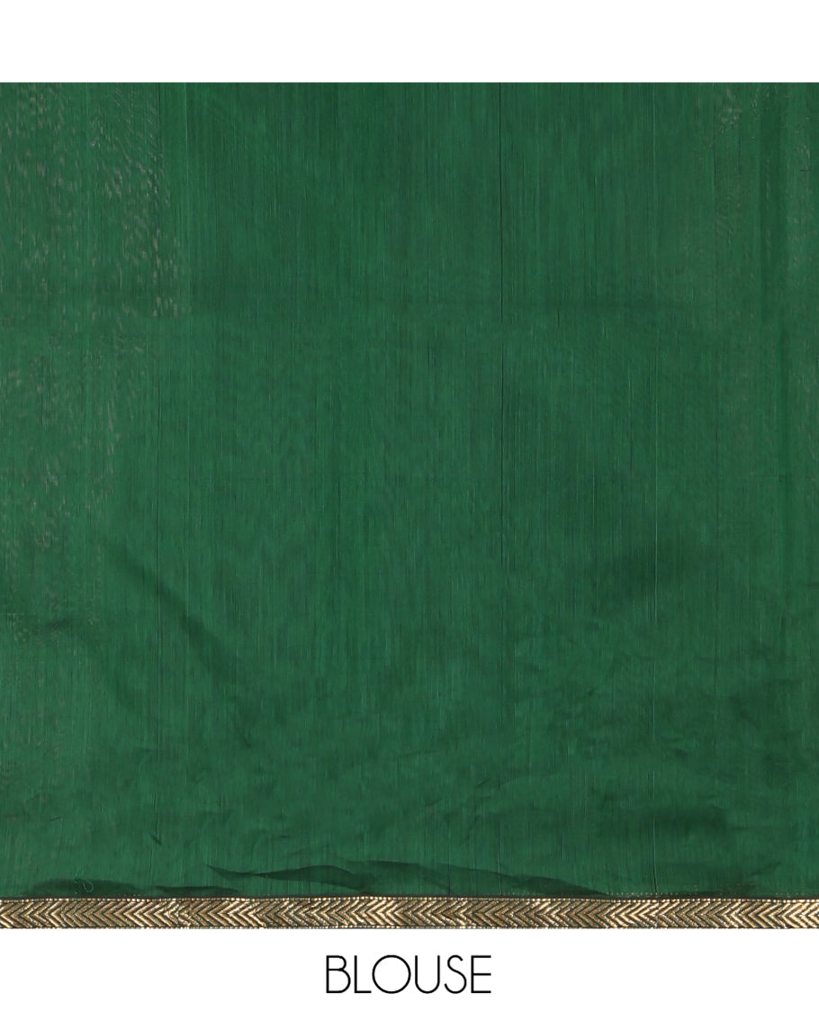 Green Maheshwari Cotton Saree, Adorned with Buttas, Highlighted by a Zari Piping Border, Pallu of Zari Buttas, and Matching Blouse