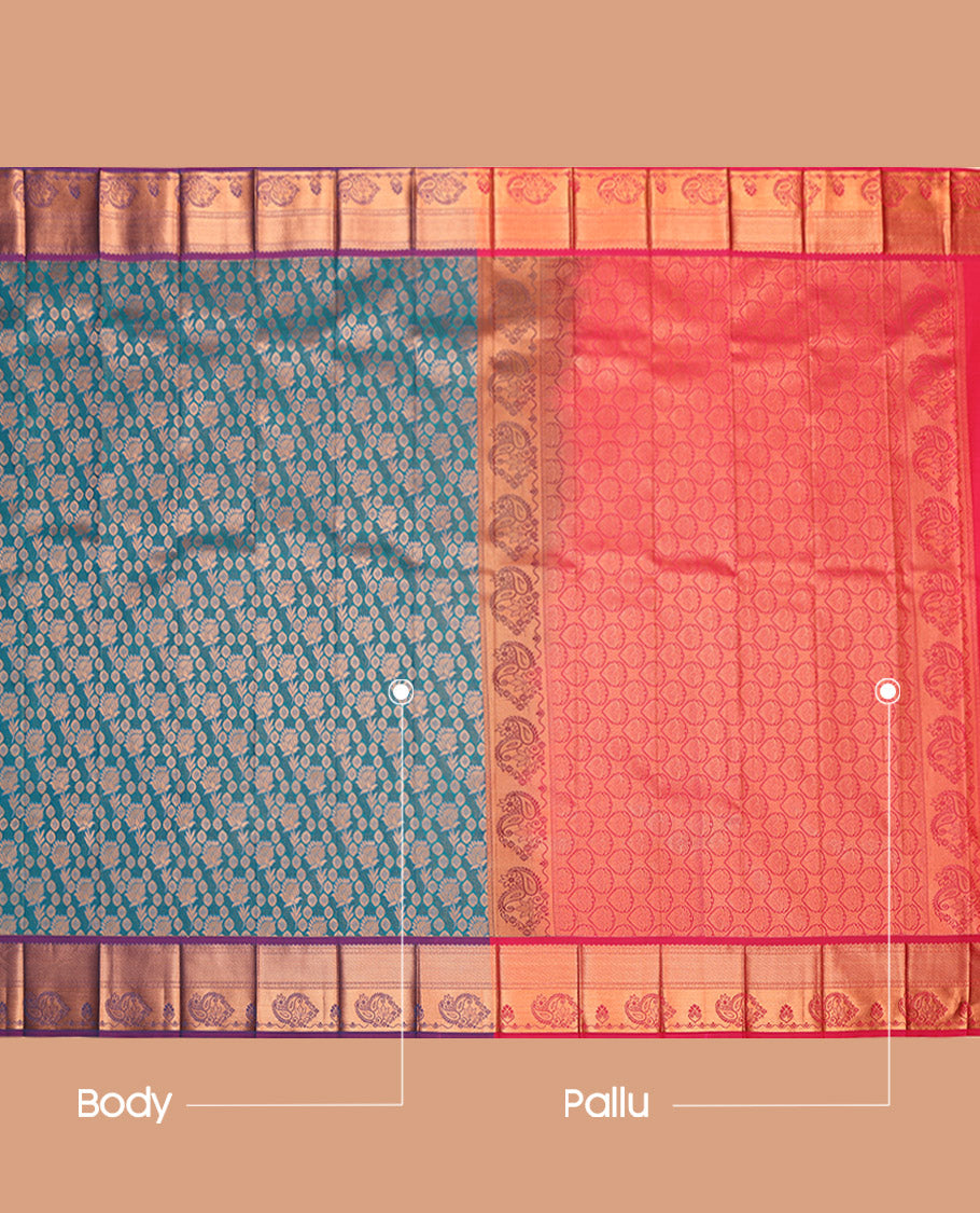 Blue Budget Silk Saree, Boldy Beautified with Lotus Jacquard, Complemented by a Contrast Traditional Zari Border, Grand Pallu and a Contrast Blouse