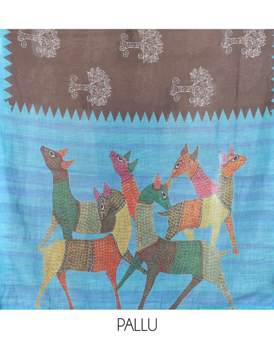 Brown Linen Cotton Saree Features Tree Motifs, Contrast Temple Border, Animal Motif Pallu, Contrast Blouse