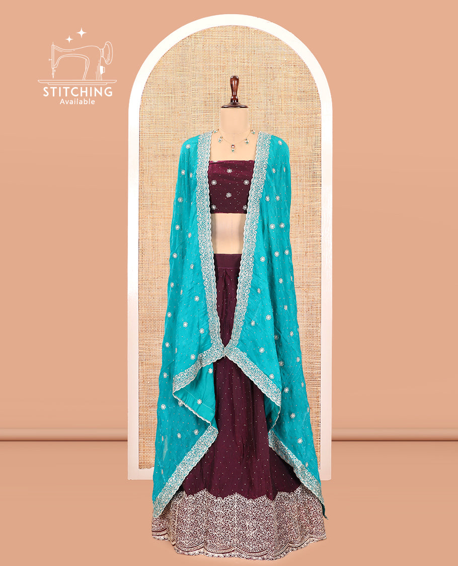 Wine Velvet Organza Half-Saree with Glitter Work Skirt, Embroidered Border, a Matching Blouse, and Contrast Embroidered Dhavani