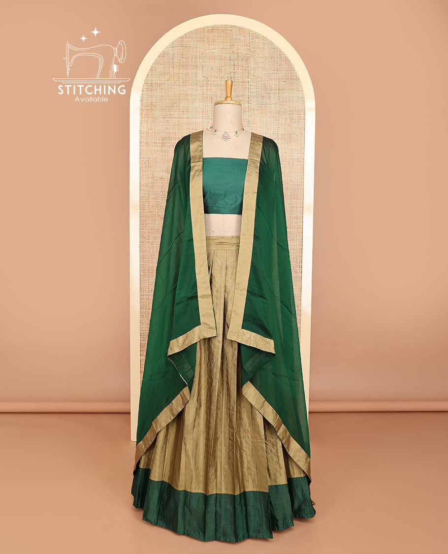 Pale brown striped half saree with contrast border, plain blouse & plain, checked border dhavani
