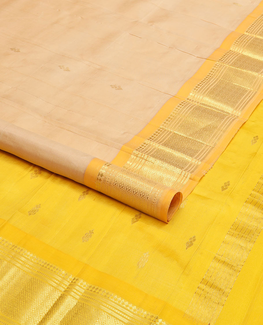 Sandal zari buttas Kanchipuram silk saree, contrast one-sided border of paneer sombu,banaras,muthu & jaal design & zari design pallu