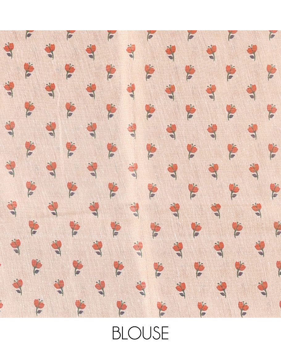 Cream plain tissue saree, printed border and pallu of jamdani floral vine print, and a matching floral buttas printed blouse