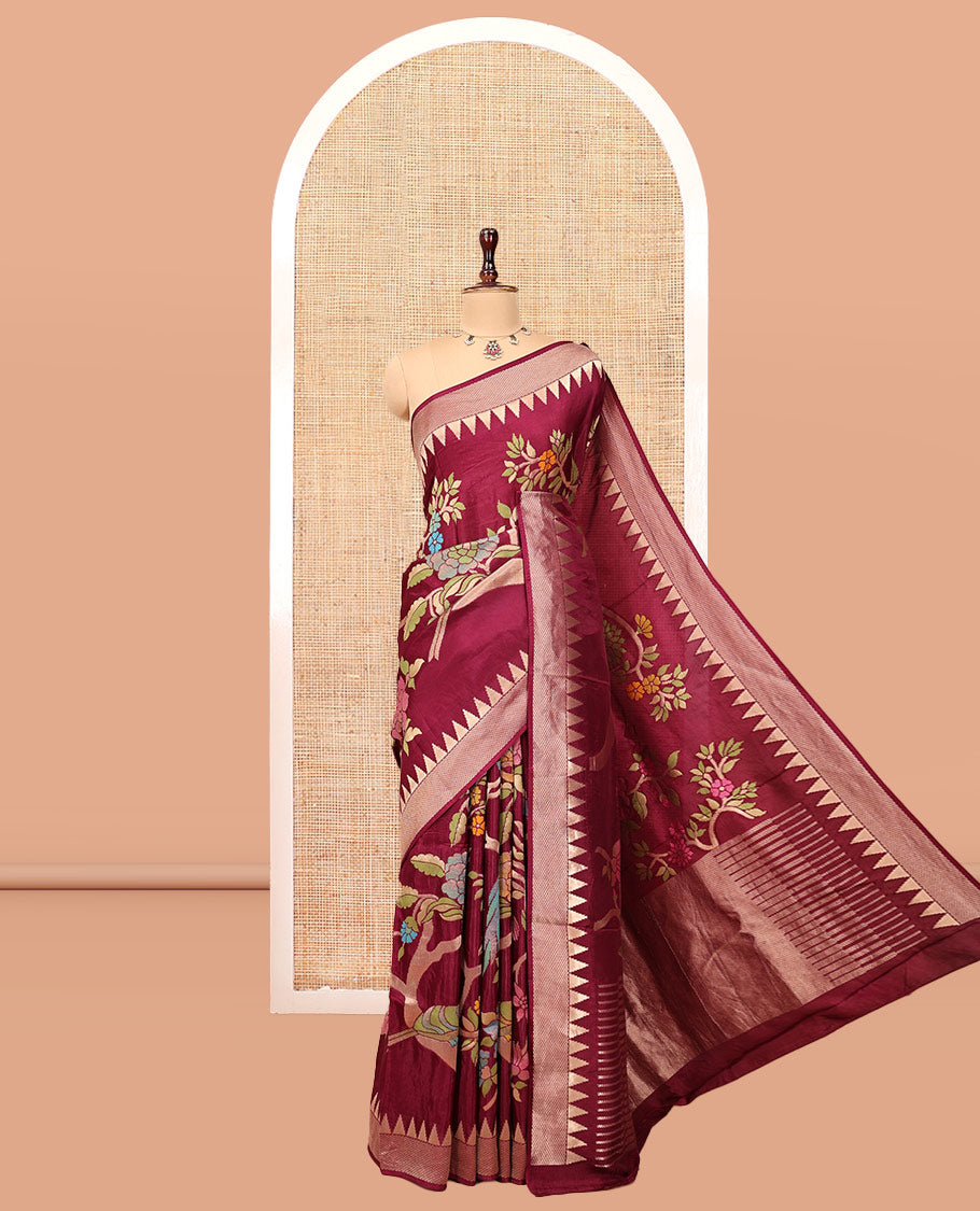 Purple Paithani Floral Motifs Dola Silk Saree, Temple Border, Matching Blouse