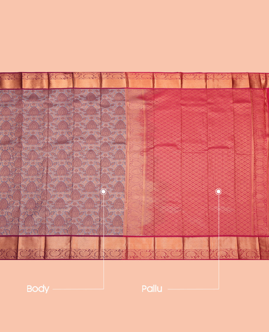 Grey Budget Silk Saree, Woven with Jacquard, Complemented by Contrast Traditional Zari Border, Jaal Pallu, and a Contrast Blouse