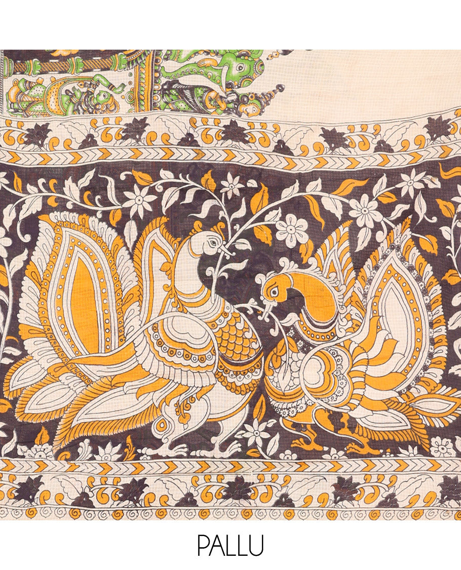 Borderless Sandal Kalamkari Cotton Saree Features Ancient Human Motifs Print, Contrast Pallu of Peacock Motifs, and a Matching Blouse