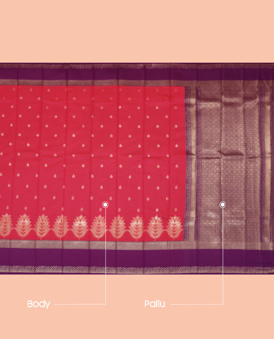 Red Litchi Saree, Detailed with Zari Buttas, a Contrast Traditional Rettai Pettu Border, Grand Pallu, and a Contrast Blouse