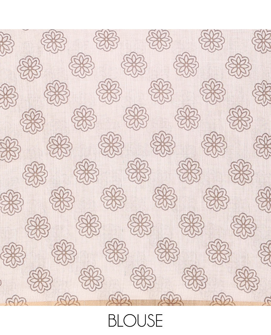 Brown plain and polka dots printed linen cotton saree with piping zari border, floral-geometric print pallu, and contrast flower buttas printed blouse