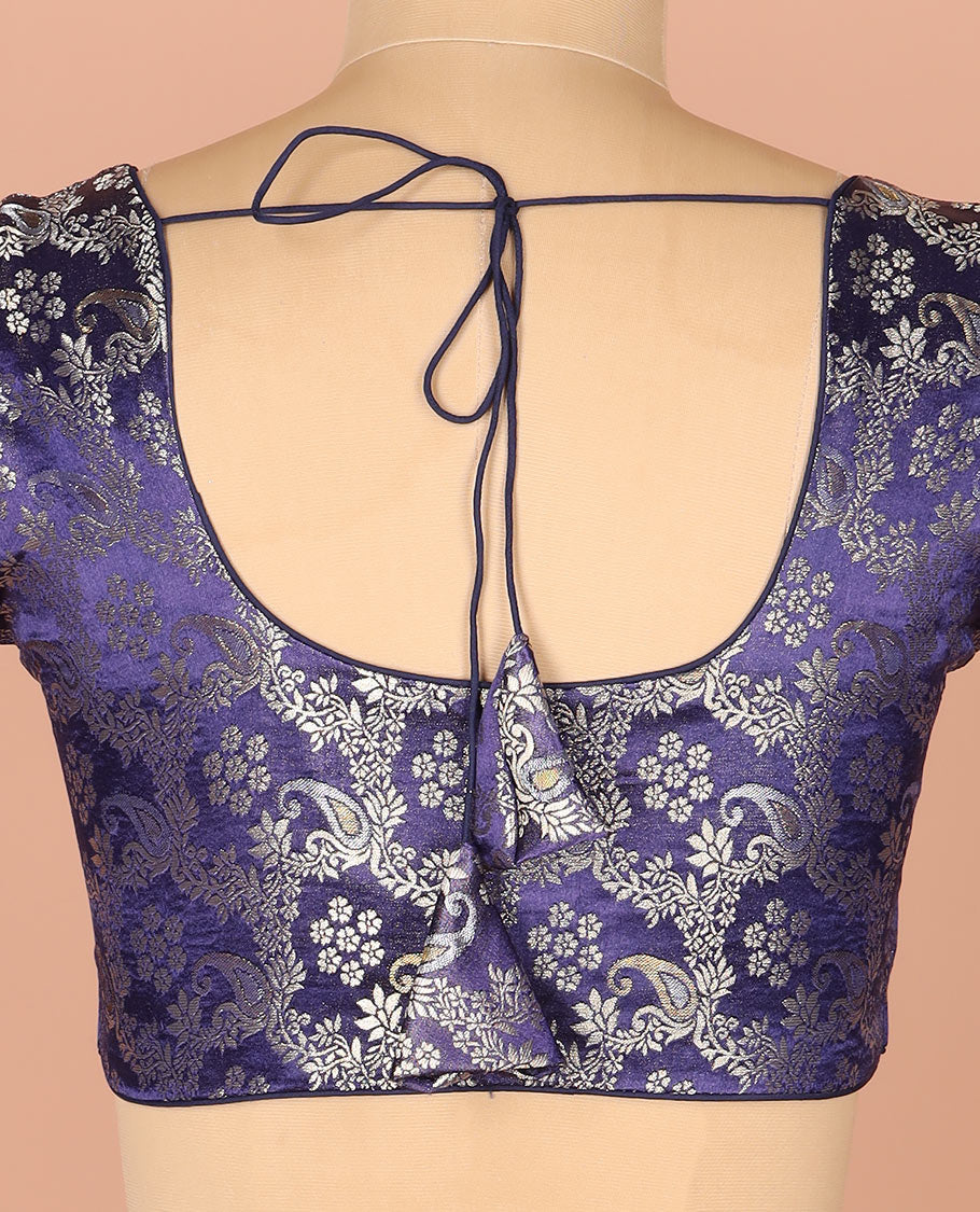 Blue Readymade Blouse Meticulously Woven with Floral-Paisley Jaal Jacquard Design, Featuring Front Round Neck, Back Round Neck, and Elbow Sleeves
