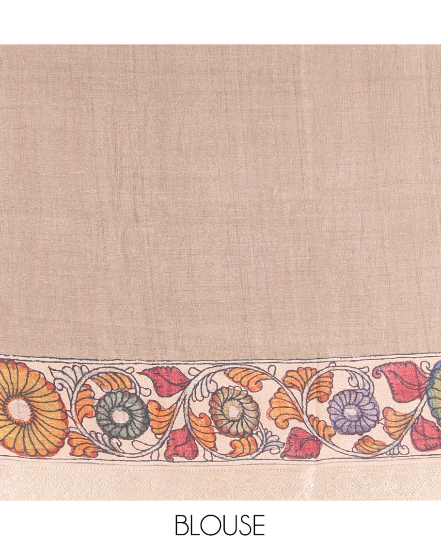 Brown Kalamkari Printed Fancy Tussar Saree
