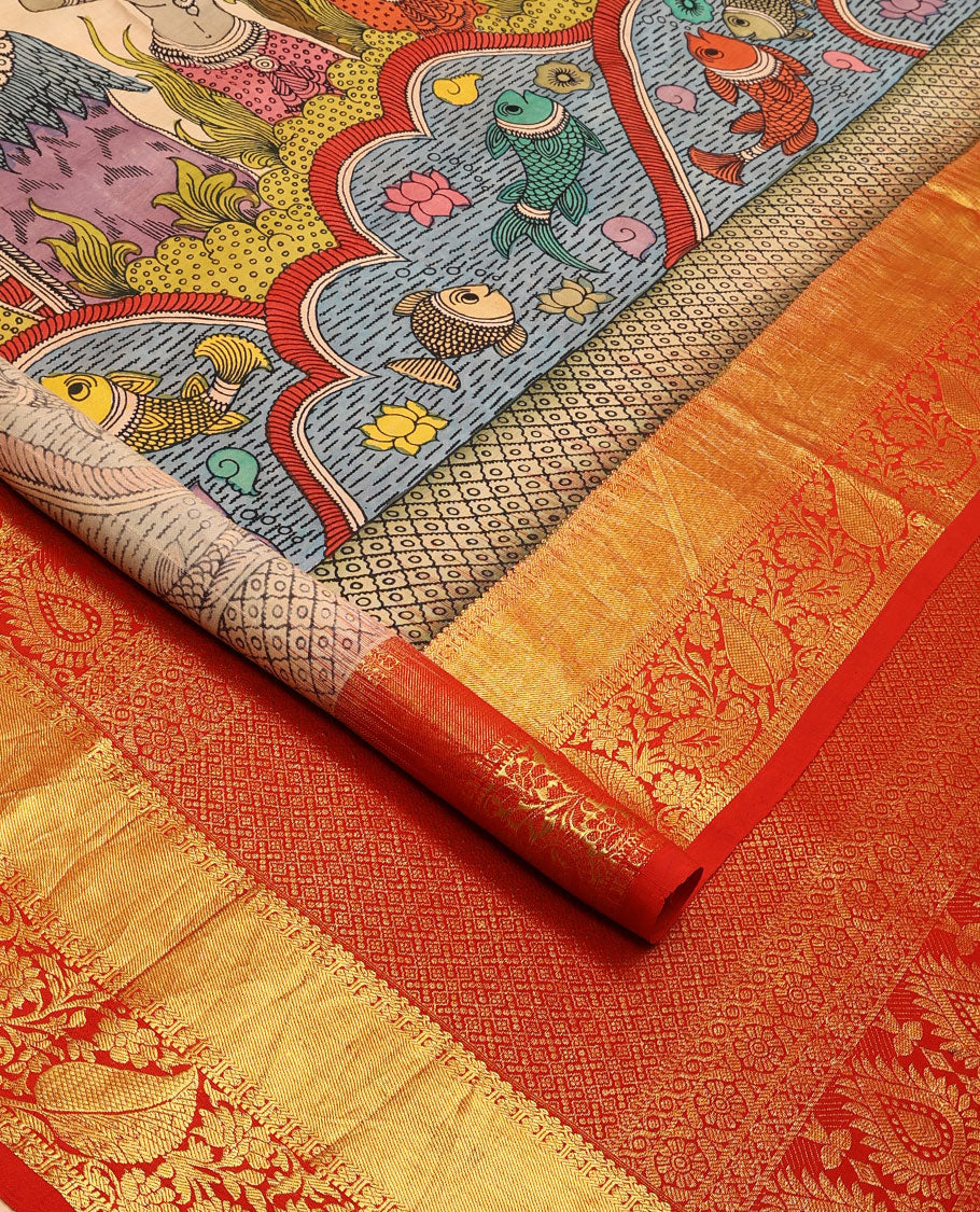 Cream human, floral design kalamari silk saree with contrast zari design border & jaal design pallu