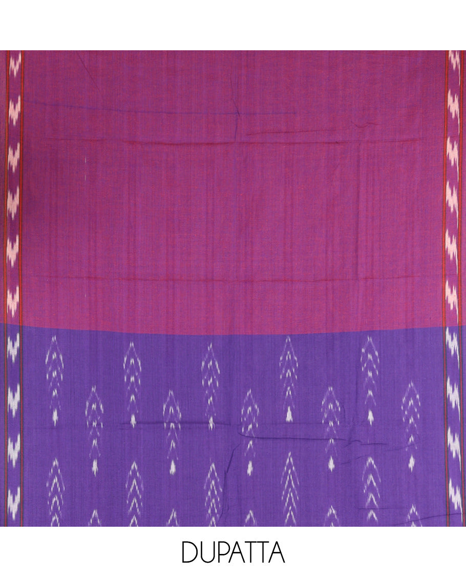 Dark Lavender Pure Cotton Saree Material Chudidar Ikat Buttas Top, a Contrast Bottom, and Ikat Dupatta
