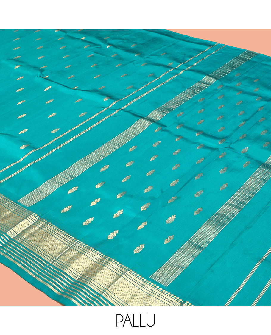 Blue Kanchipuram Silk Saree, Woven with Zari Buttas, a One-Sided Border of Panner Sombu, Banaras, Muthu, and Jaal Designs, a Zari Design Pallu, and No Blouse