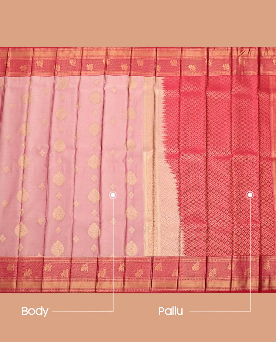 Pink Budget Silk Saree, Accentuated with Zari Buttas All Over Its Body, Complemented by a Contrast Traditional Zari Border, Grand Jaal Pallu, and Paired with a Contrast Blouse