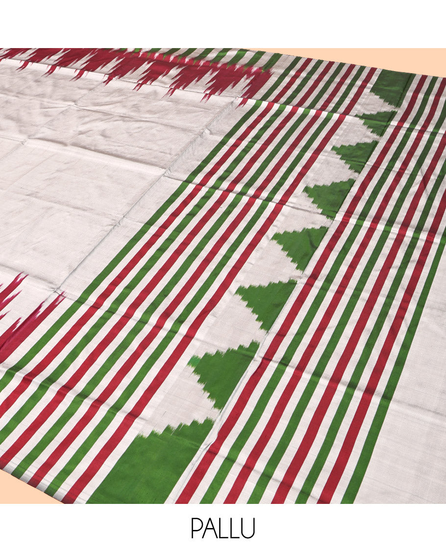 Grey Plain Pochampally Ikat Silk Saree, Complemented by a Contrast Ikat-Style Temple Border, Striped Pallu, and No Blouse