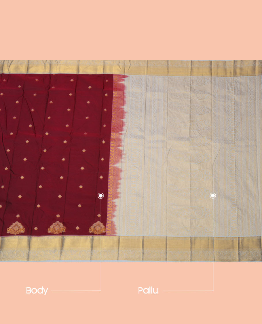 Maroon Budget Silk Saree, Adorned with Zari Buttas, Complemented by a Contrast Traditional Zari Border, Grand Pallu, and Contrast Blouse