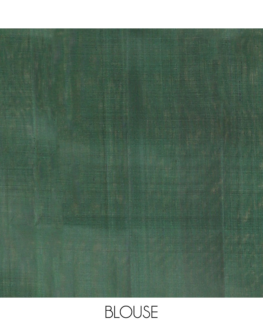 Borderless Green Mayuri Soft Silk Saree, Embellished with Stripes, Diamonds, and Poun Buttas All Over Its Body, Highlighted by a Geometric Design Pallu, and Paired with a Matching Blouse
