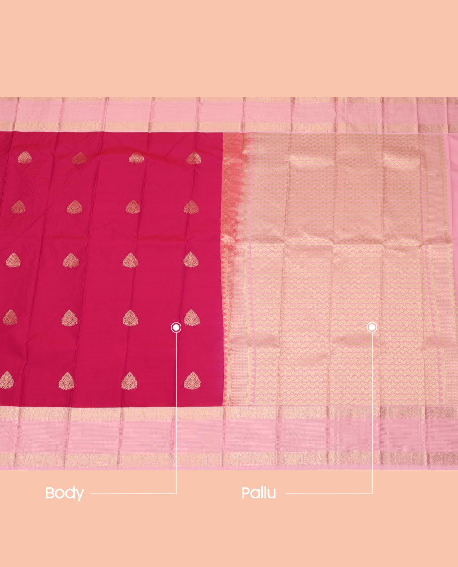 Pink Budget Silk Saree, Enthralled with Zari Buttas, Complemented by a Contrast Traditional Zari Border, Pallu of Paisley Vine, and a Contrast Blouse