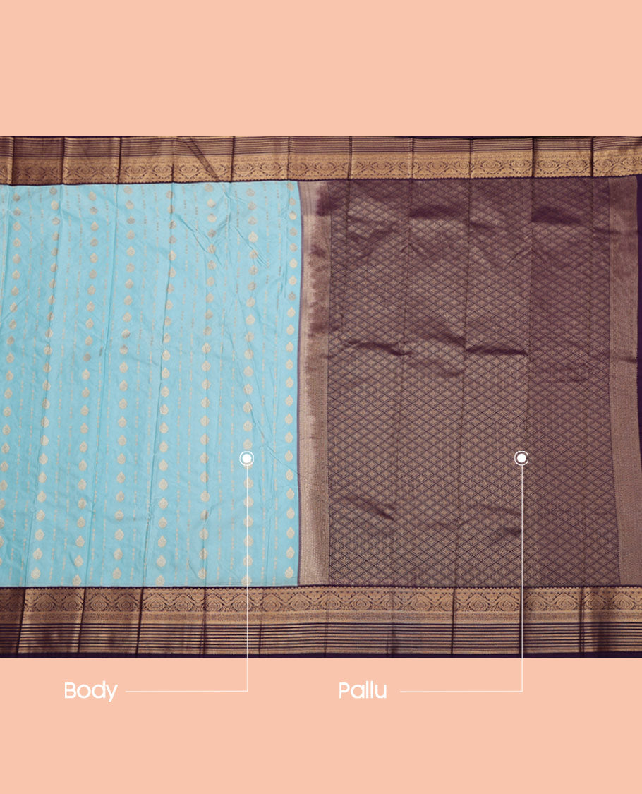 Blue Budget Silk Saree, Subtly Sparkled with Zari Buttas All Over Its Body, Complemented by a Contrast Traditional Zari Design Border, Grand Jaal Pallu, and Paired with a Contrast Blouse