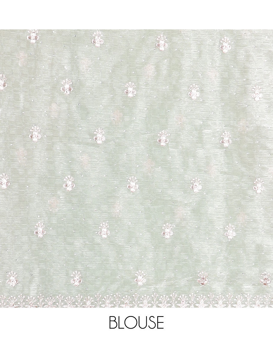 Light green floral motifs thread embroidery half saree with floral embroidery border , floral motifs blouse & floral embroidery scallop border dhavani